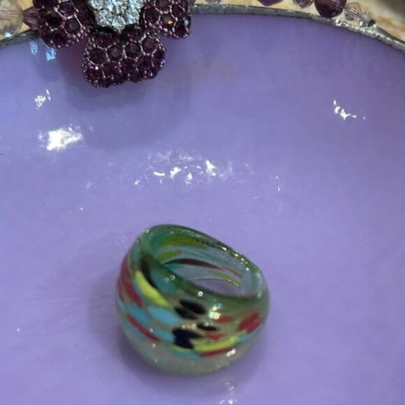 HAND BLOWN GLASS Green Multi Color Abstract Design RING - Picture 7 of 10